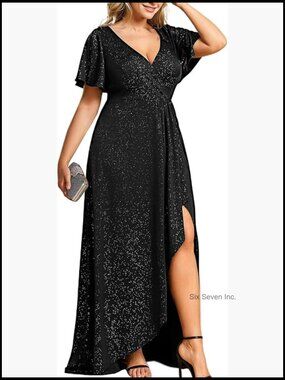 Plus Size Formal Dress V-Neck Short Sleeve High Low Glitter A-Line Evening Gown